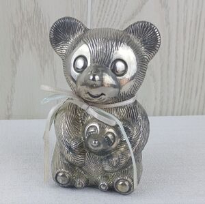 Vintage Silver plated Teddy Bear Figure Old Piggy Bank Money Saving Box.